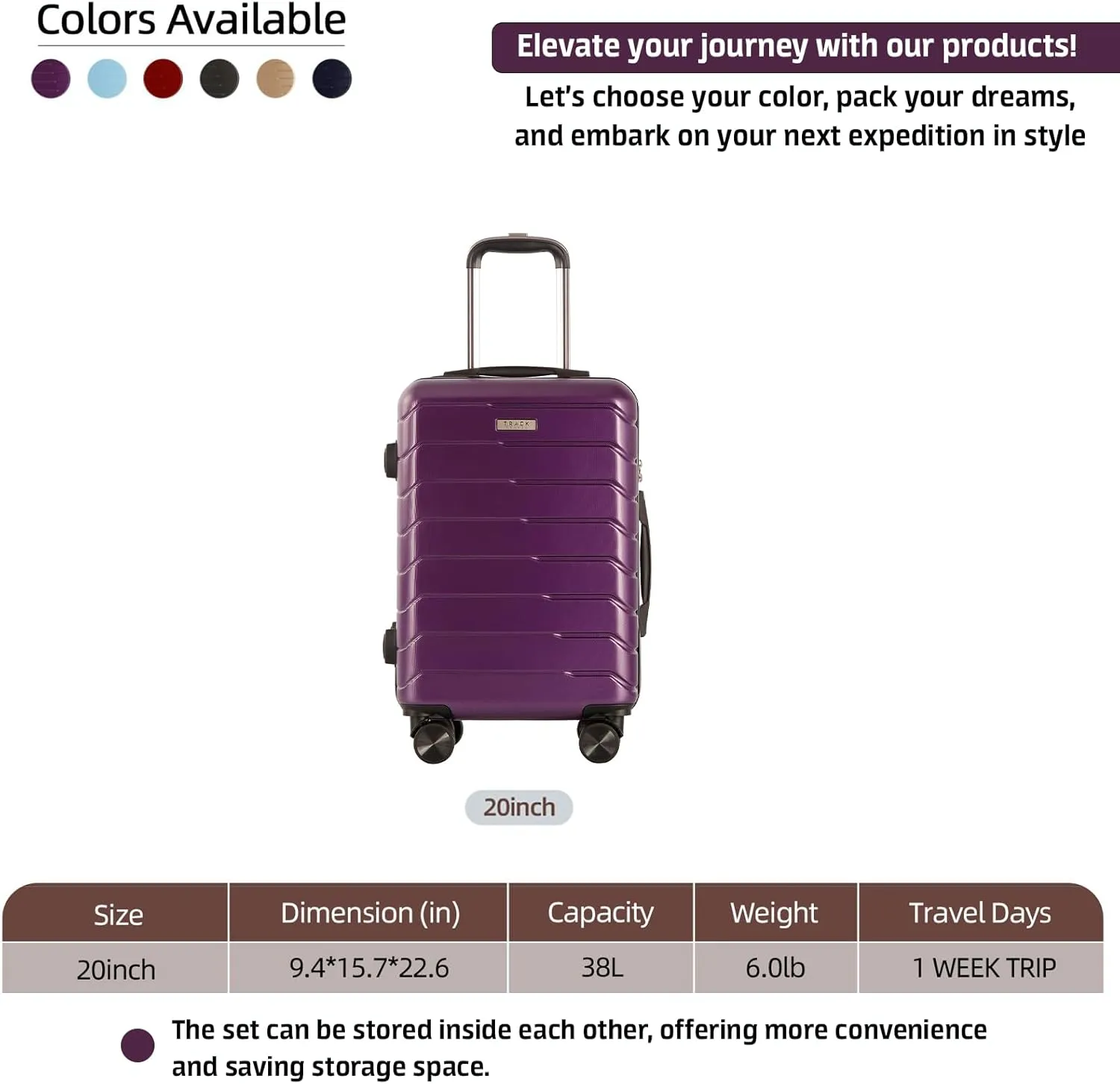 1 Piece Carry on Luggage ABS PC Hardshell TSA Lock Aluminum Trolley Spinner Wheels (Purple, 1 Piece)