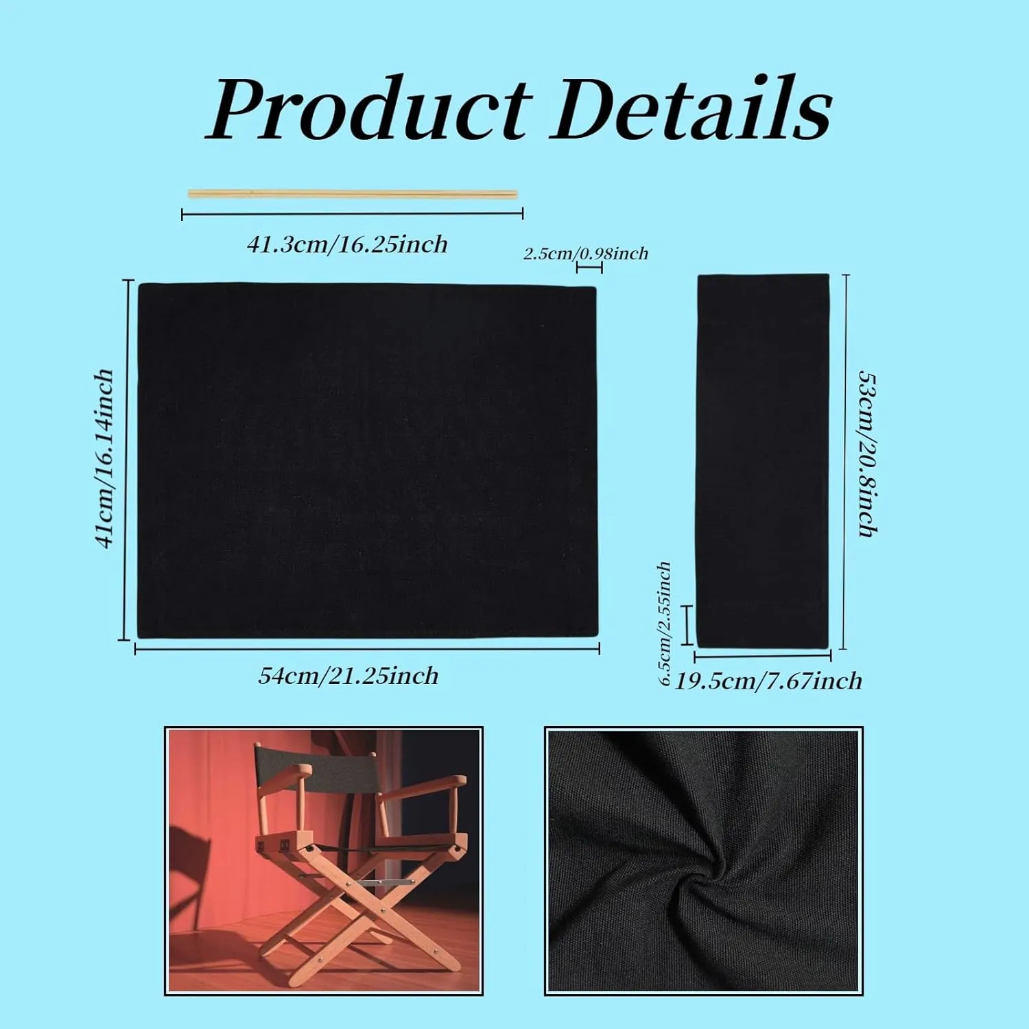 1 Set Director Chair Canvas Replacement with Wood Stick,21.2" L x 16.1" W Portable Replacement Cover Canvas for Directors Chair,Casual Home Director Chair Replacement Canvas (Black)