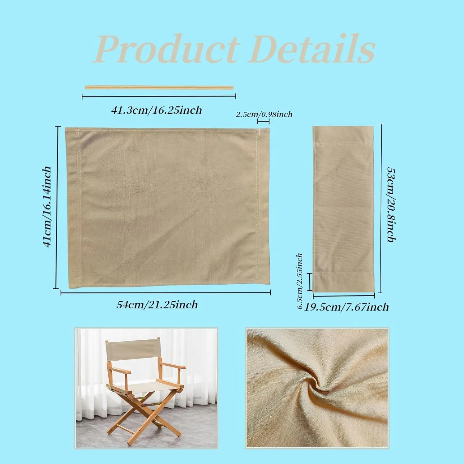 1 Set Director Chair Canvas Replacement with Wood Stick,21.2" L x 16.1" W Portable Replacement Cover Canvas for Directors Chair,Casual Home Director Chairs Replacements Canvass (Khaki) (Khaki)