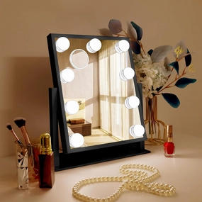 10" x 12" Vanity Mirror with Lights, 360°Rotation Tabletop Makeup Mirror with 9 LED Lights Bulbs, Portable Travel Mirror with 3 Color Lighting Modes, Mirror with Lights for Bedroom, Black