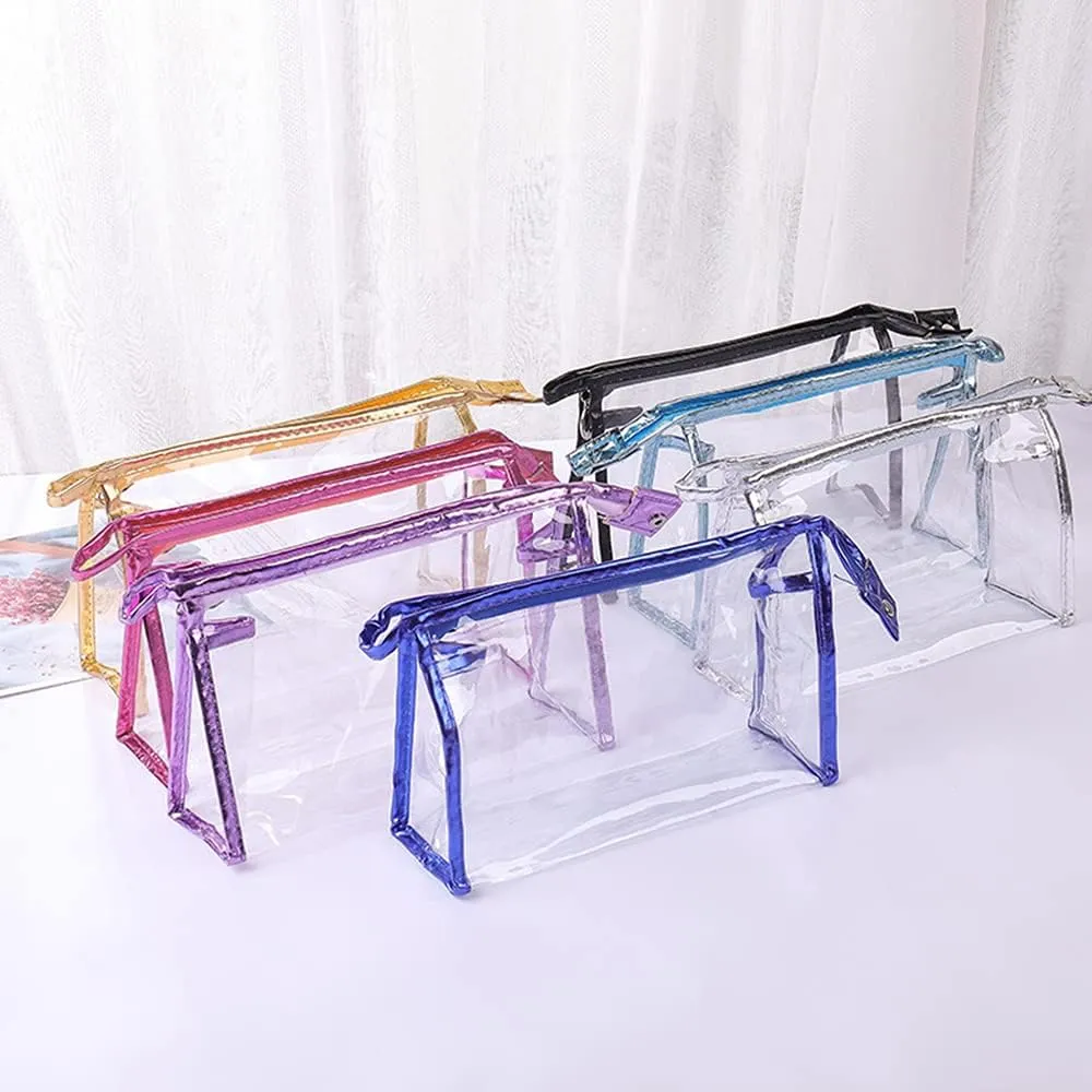 12 Pcs Portable Transparent Cosmetic Bags, Clear Waterproof Makeup Bags with Handle, PVC Travel Toiletry Bags Pouches, Clear Pencil Cases, Stationary Organizers(6 Colors)