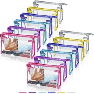 12 Pcs Portable Transparent Cosmetic Bags, Clear Waterproof Makeup Bags with Handle, PVC Travel Toiletry Bags Pouches, Clear Pencil Cases, Stationary Organizers(6 Colors)
