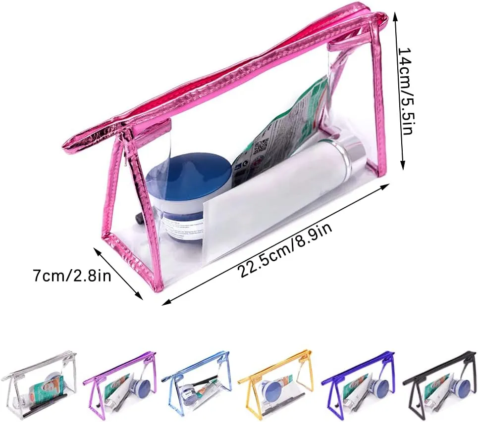 12 Pcs Portable Transparent Cosmetic Bags, Clear Waterproof Makeup Bags with Handle, PVC Travel Toiletry Bags Pouches, Clear Pencil Cases, Stationary Organizers(6 Colors)