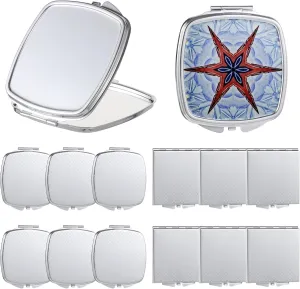 12 Pcs Sublimation Blank Makeup Mirrors, Double-Sided Compact Mirror for Purse, Metal Shell, Portable Small Travel Mirrors with 2X Magnification for Women Gifts Party Favors (Square, Silver)