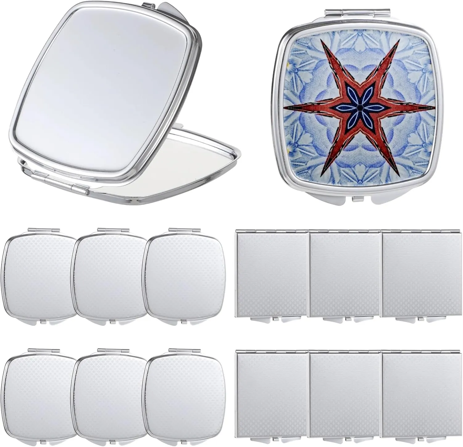 12 Pcs Sublimation Blank Makeup Mirrors, Double-Sided Compact Mirror for Purse, Metal Shell, Portable Small Travel Mirrors with 2X Magnification for Women Gifts Party Favors (Square, Silver)