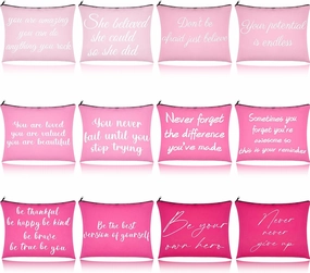 12 PCS Pink Inspirational Canvas Makeup Bags Bulk Makeup Bags for Women Inspirational Quotes Cosmetics Bags with Zipper Gift for Valentine's Day Christmas Graduation
