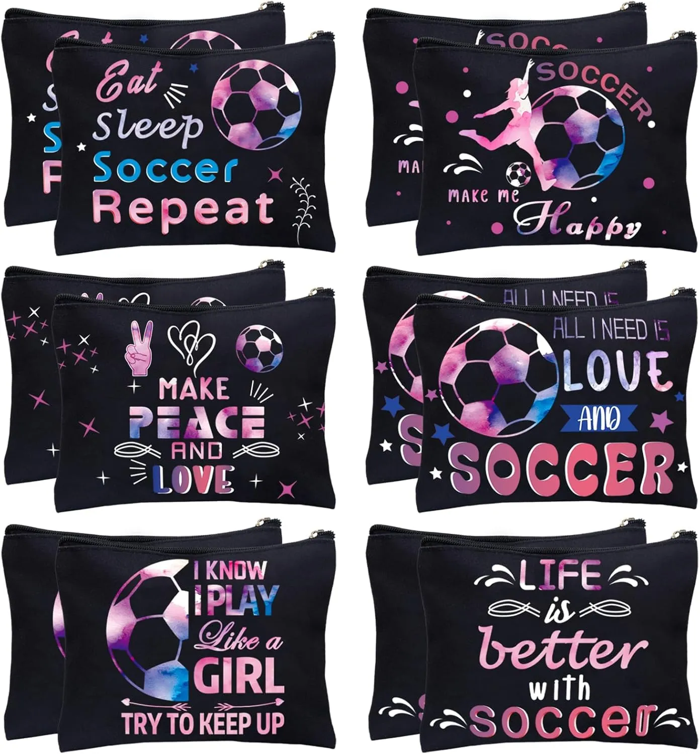 12Pcs Makeup Bag Travel Pouch Canvas Gifts Cosmetic Bag Portable Storage Bag for Women Girls Team Party Favors (Soccer)