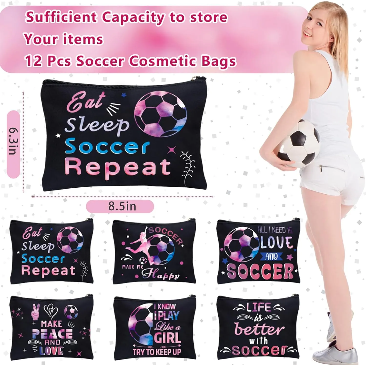 12Pcs Makeup Bag Travel Pouch Canvas Gifts Cosmetic Bag Portable Storage Bag for Women Girls Team Party Favors (Soccer)
