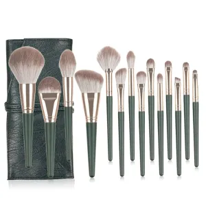 14-Piece Makeup Brush Kit Green Wood Handle Professional Cosmetics Brush Set Powder Brush Collection Makeup Brushes for Women Daily Professional Use