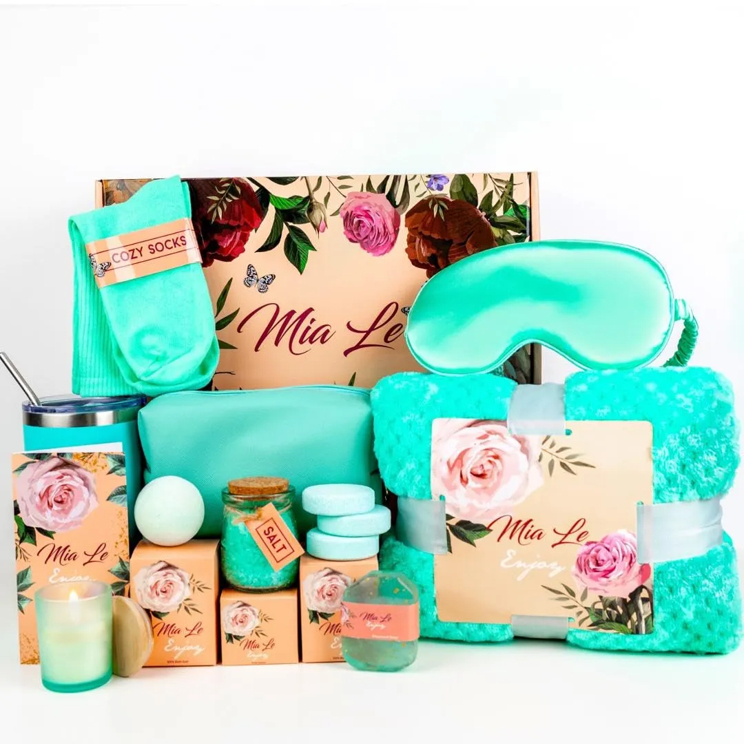 16 pcs Luxury Relaxing Spa Gift Basket Set - Perfect for Birthdays, Christmas, Get Well, Thank You, Bridal Shower, Gifts for Women & Men. Includes Bath Bombs (16 pcs, Turquoise)