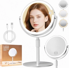 1X/10X Magnifying Makeup Mirror with Lights,USB Rechargeable 8" Dual-Sided Vanity Mirror with 3 Color Lights,360° Rotation, Adjustable Height, Travel Cosmetic Mirror for Women, Gift for Her