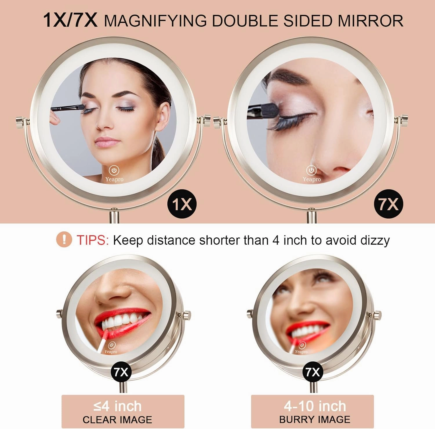 1x/7x Lighted Makeup Mirror 8" Double Sided Round Makeup Mirror with Bottom Touch Button, Standing 360 Degree Rotation Cordless and Rechargeable Makeup Mirror with Lights and Magnification，Luo