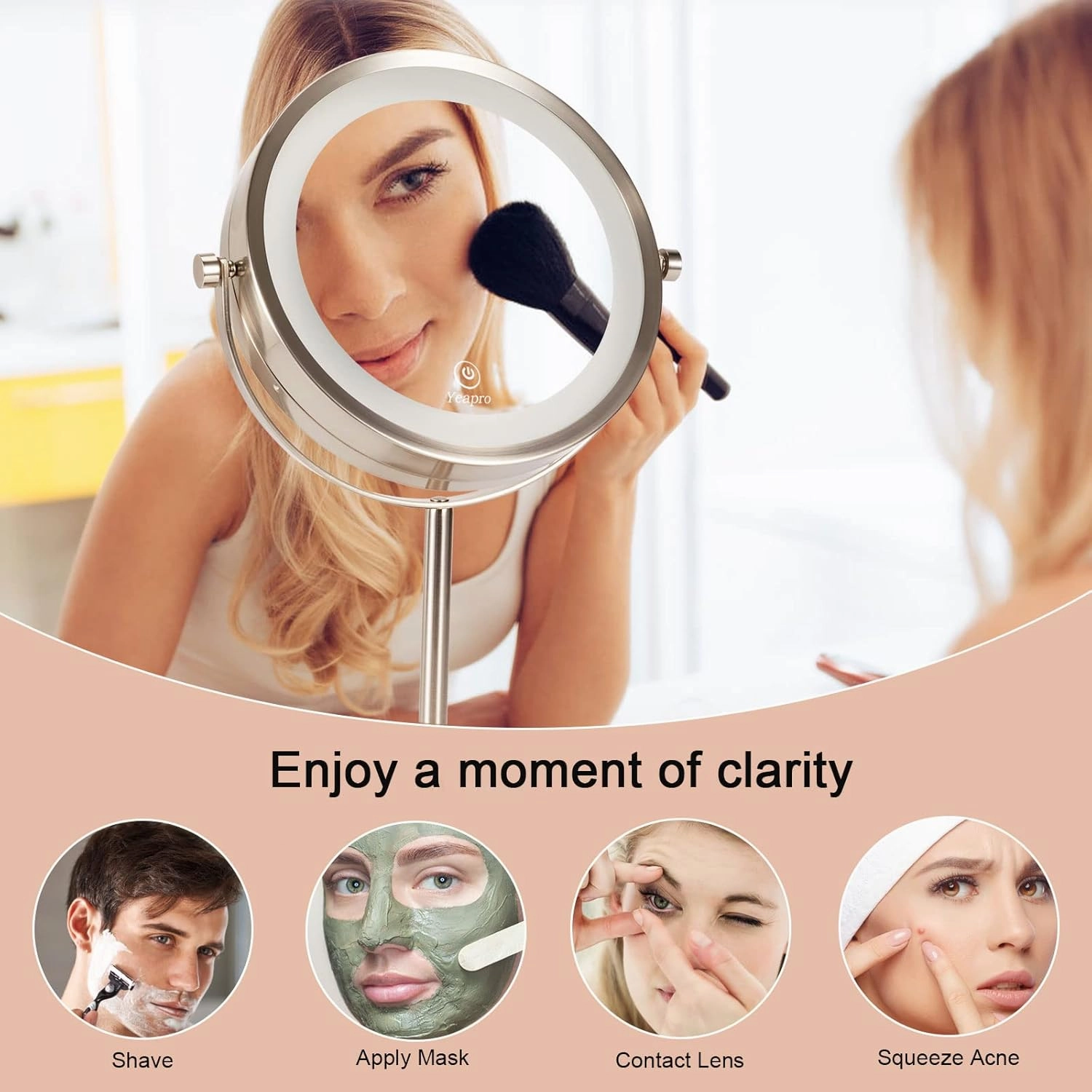 1x/7x Lighted Makeup Mirror 8" Double Sided Round Makeup Mirror with Bottom Touch Button, Standing 360 Degree Rotation Cordless and Rechargeable Makeup Mirror with Lights and Magnification，Luo