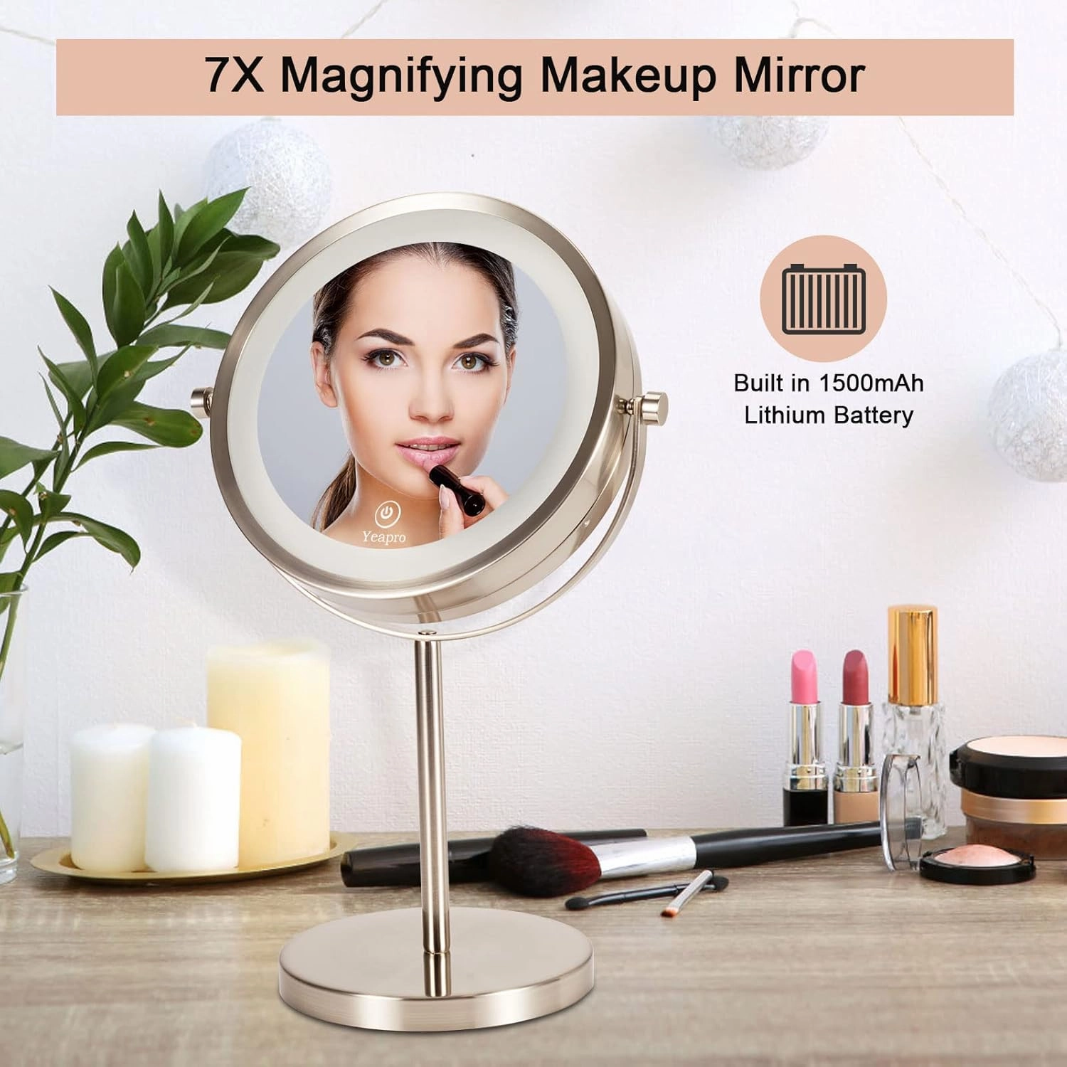 1x/7x Lighted Makeup Mirror 8" Double Sided Round Makeup Mirror with Bottom Touch Button, Standing 360 Degree Rotation Cordless and Rechargeable Makeup Mirror with Lights and Magnification，Luo