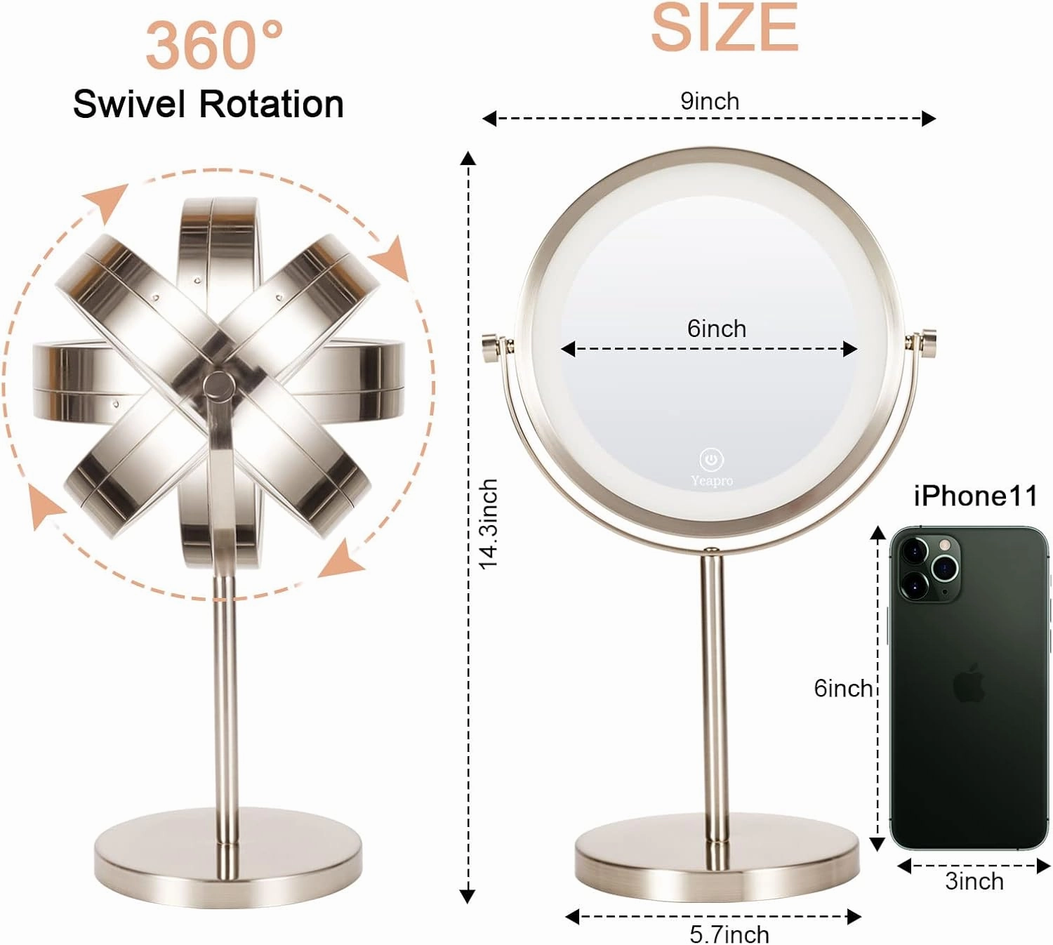 1x/7x Lighted Makeup Mirror 8" Double Sided Round Makeup Mirror with Bottom Touch Button, Standing 360 Degree Rotation Cordless and Rechargeable Makeup Mirror with Lights and Magnification，Luo