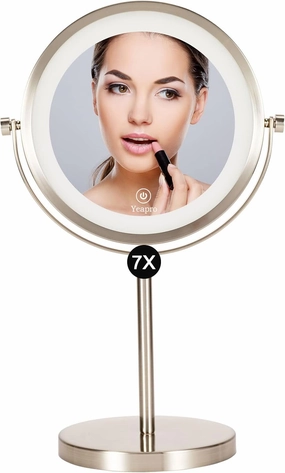 1x/7x Lighted Makeup Mirror 8" Double Sided Round Makeup Mirror with Bottom Touch Button, Standing 360 Degree Rotation Cordless and Rechargeable Makeup Mirror with Lights and Magnification，Luo