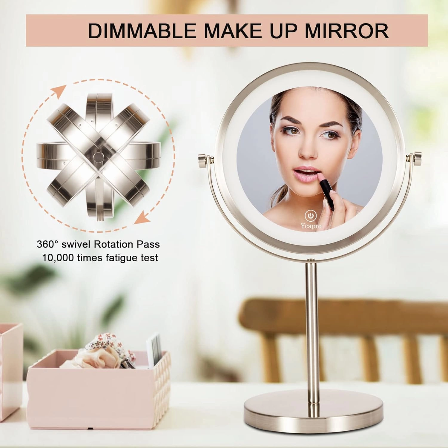 1x/7x Lighted Makeup Mirror 8" Double Sided Round Makeup Mirror with Bottom Touch Button, Standing 360 Degree Rotation Cordless and Rechargeable Makeup Mirror with Lights and Magnification，Luo