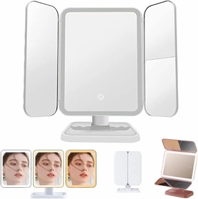 2025 New Glisera Makeup Mirror, Glisera Smart Makeup Mirror, Glisera Smart Makeup Mirror Travel, Glisera Smart Mirror Vanity, 3 Color LED Trifold Makeup Mirror 180 ° Rotation (White)