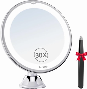 2025 Upgraded 30X Magnifying Mirror with Light, Makeup Mirror with 2-Level Lights, Vanity Mirror with Power Suction Cup and Tweezers, 360° Swivel, Portable Bathroom Mirror for Home Travel