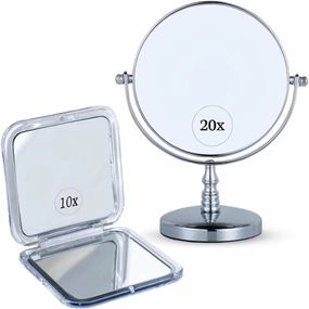 20x/1x Double Sided Magnifying Makeup Mirror for Desk and Countertop - Vanity Mirror with Stand (Chrome) & 10X/1X Magnifying Makeup Mirror for Travel - Double-Sided Handheld Compact Mirror Bundle