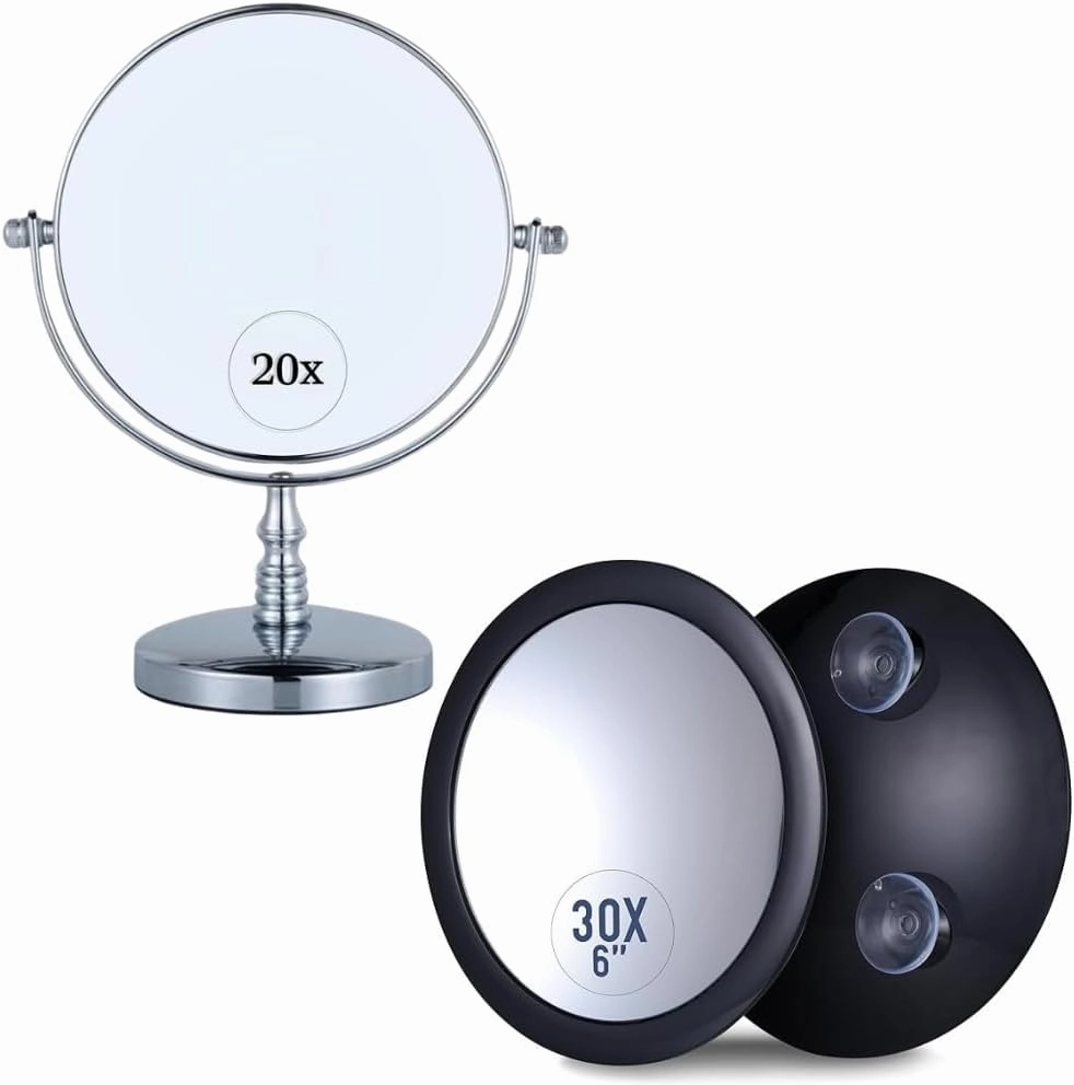 20x/1x Double Sided Magnifying Makeup Mirror for Desk and Countertop - Vanity Mirror with Stand (Chrome) & 30X Magnifying Makeup Mirror - Stick On, Ultra Portable Travel Cosmetic Mirror Bundle