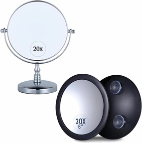 20x/1x Double Sided Magnifying Makeup Mirror for Desk and Countertop - Vanity Mirror with Stand (Chrome) & 30X Magnifying Makeup Mirror - Stick On, Ultra Portable Travel Cosmetic Mirror Bundle