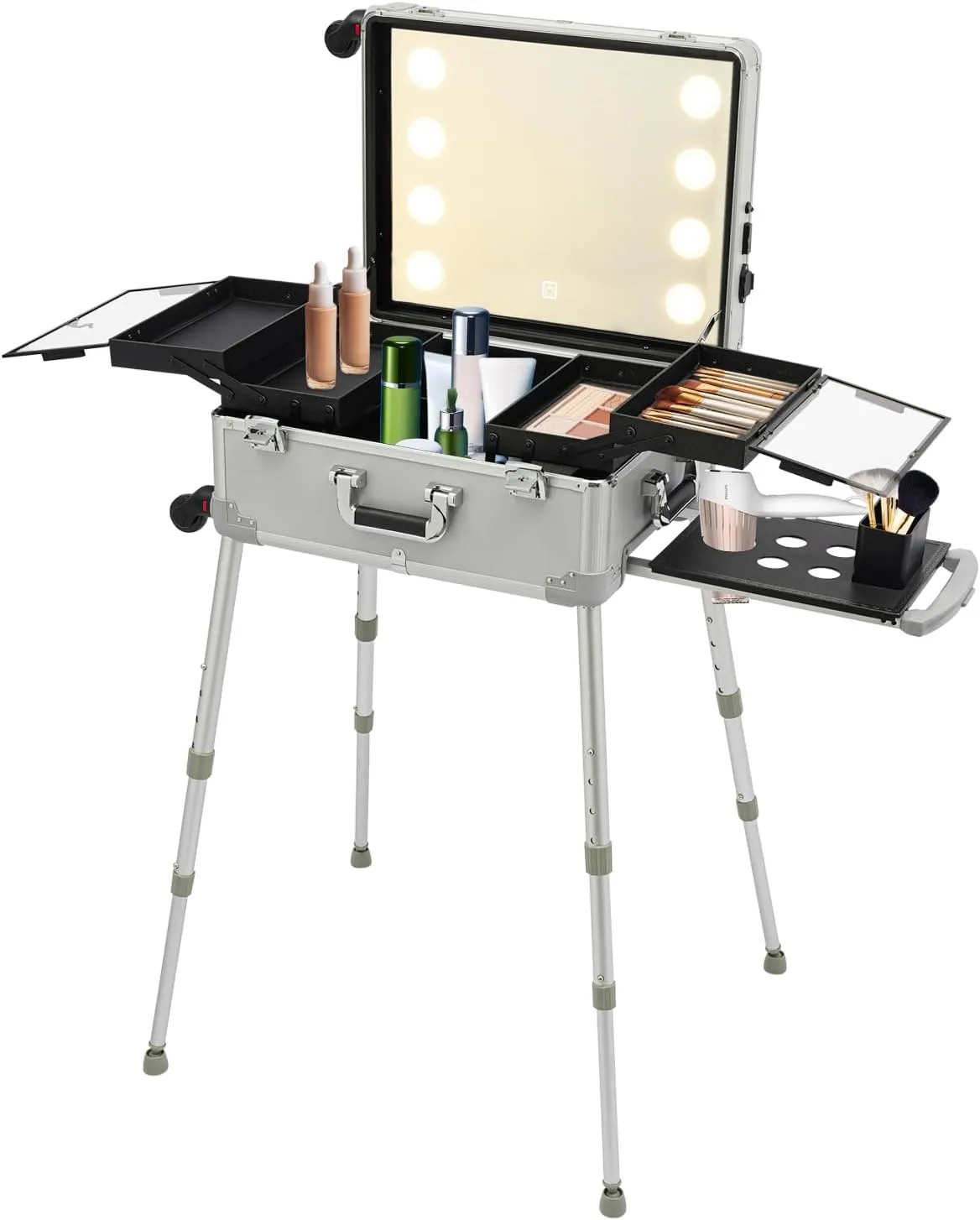 21in Large Makeup Organizer Lighted Makeup Case, Rolling Makeup Train Case Make Up Bag with Mirror and Light, Portable Makeup Organizer Travel Makeup Case Standing Studio Makeup Bag Organizer (Sliver)