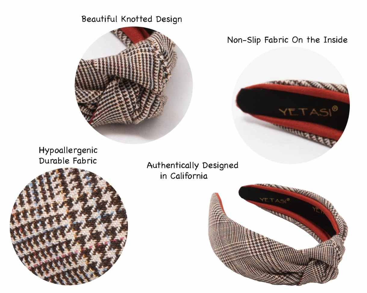 2.5 Inches Thick Brown Headbands for Women are Made with Non Slip Material. Plaid Knotted Headband for Women is Unique. Well Made Top Knot Fashion Designer Head band
