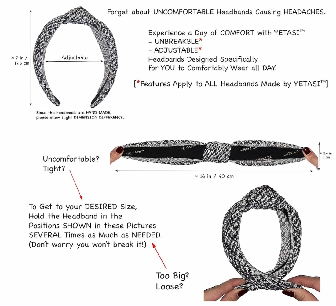 2.5 Inches Thick Brown Headbands for Women are Made with Non Slip Material. Plaid Knotted Headband for Women is Unique. Well Made Top Knot Fashion Designer Head band