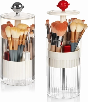 2 Pack Makeup Brush Holder with Lid Automatic Lifting Makeup Brush Organizer with Lid Dustproof & Waterproof 4-Compartment Clear Makeup Organizer for Vanity,Office,School,Dorm Room,Red Silver