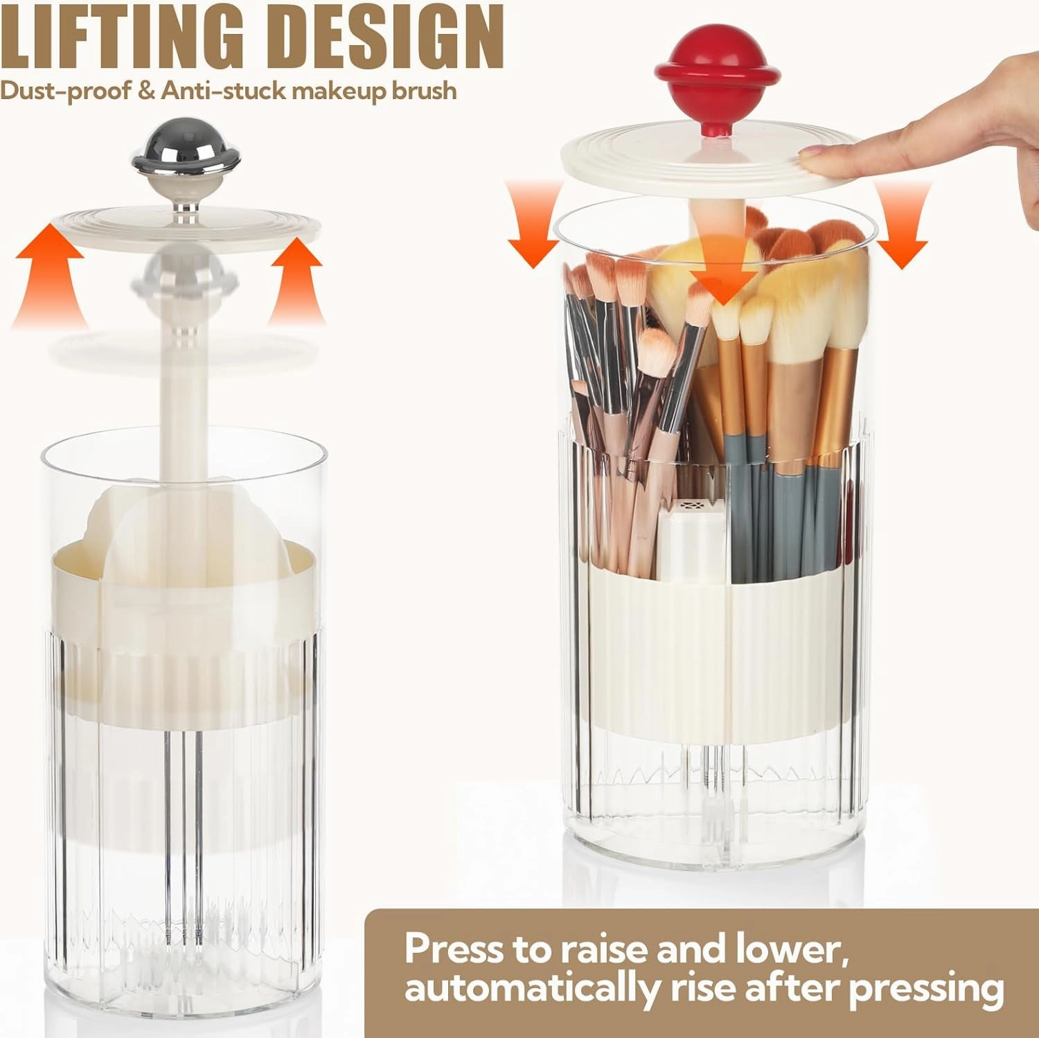 2 Pack Makeup Brush Holder with Lid Automatic Lifting Makeup Brush Organizer with Lid Dustproof & Waterproof 4-Compartment Clear Makeup Organizer for Vanity,Office,School,Dorm Room,Red Silver