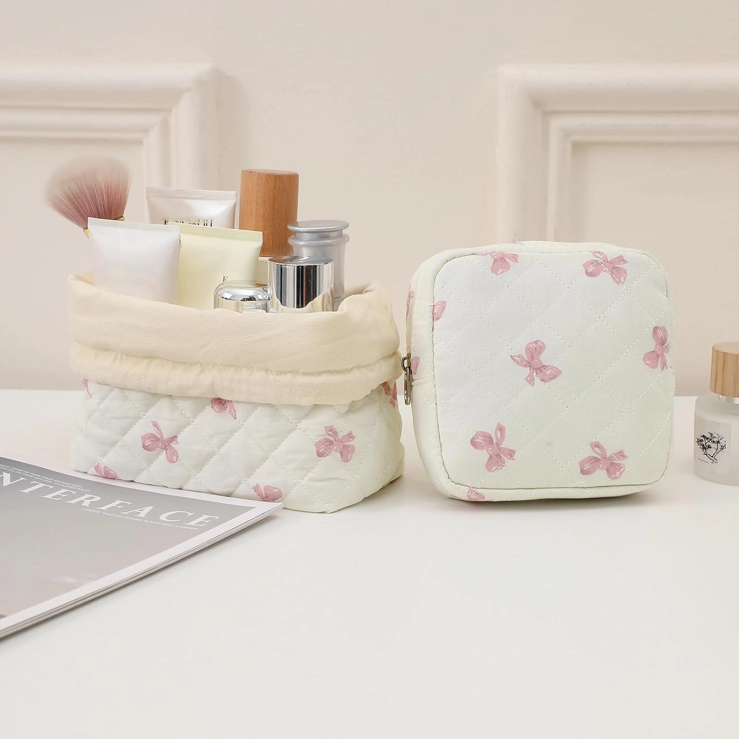 2Pcs Small Cotton Quilted Makeup Bag Set, Cute Coquette Drawstring Cosmetic Bag with Canvas Lining, Aesthetic Travel Organized Toiletry Bags for Purse (04White Pink)