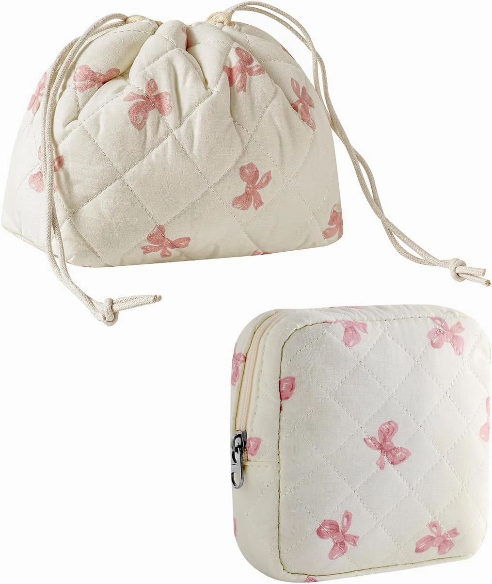 2Pcs Small Cotton Quilted Makeup Bag Set, Cute Coquette Drawstring Cosmetic Bag with Canvas Lining, Aesthetic Travel Organized Toiletry Bags for Purse (04White Pink)