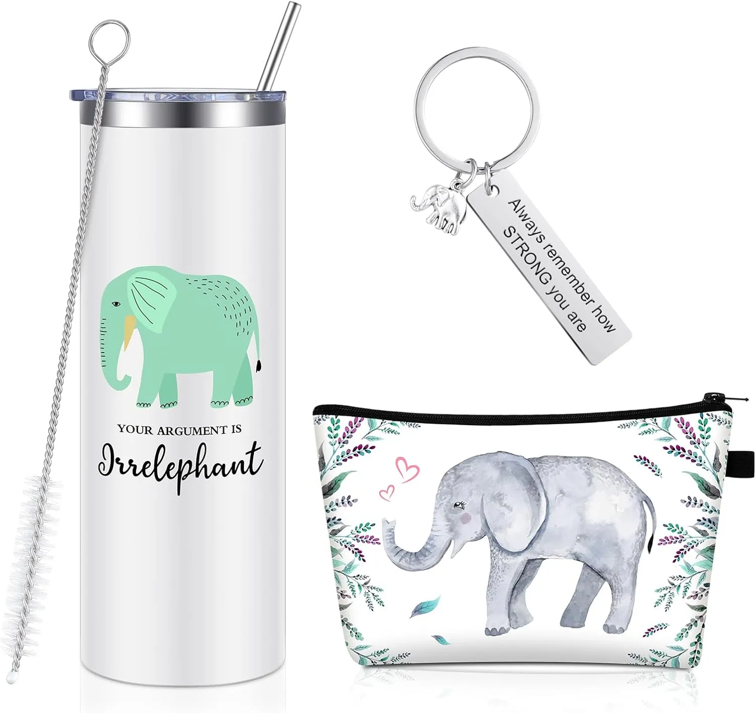 3 Pcs Animal Themed Gifts for Women Including Cute Stainless Steel Wine Tumbler with Straw and Brush 8 Hair Ties and Cosmetic Bag(20 oz,Elephant)