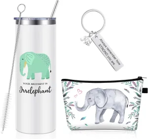 3 Pcs Animal Themed Gifts for Women Including Cute Stainless Steel Wine Tumbler with Straw and Brush 8 Hair Ties and Cosmetic Bag(20 oz,Elephant)
