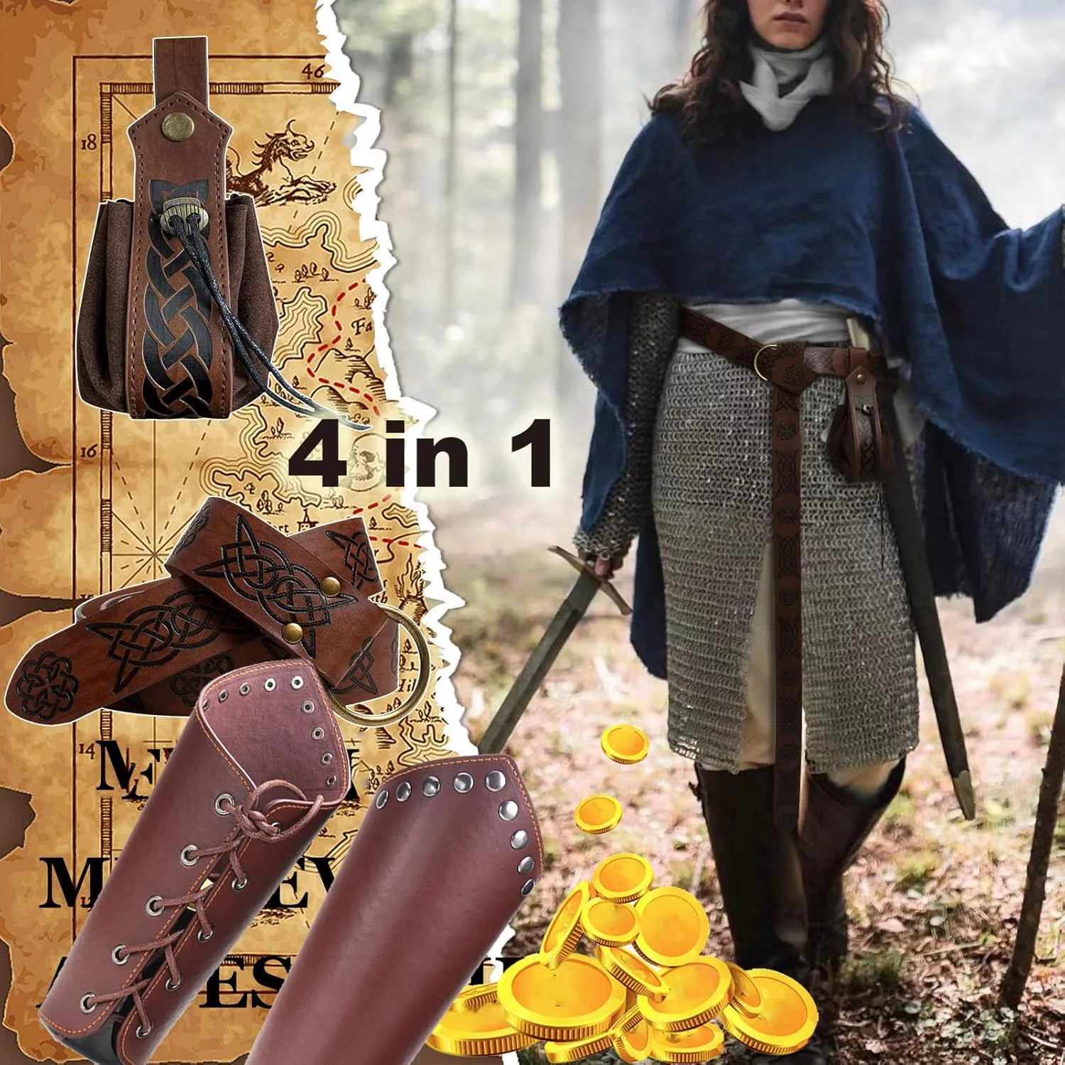 3 Pcs Halloween Renaissance Belt Pouch Coin Purse Phone Holder Skirt Hikes Medieval Viking Pirate Leather Belt Costume Sets (03-Brown)
