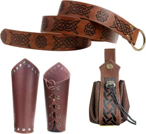 3 Pcs Halloween Renaissance Belt Pouch Coin Purse Phone Holder Skirt Hikes Medieval Viking Pirate Leather Belt Costume Sets (03-Brown)