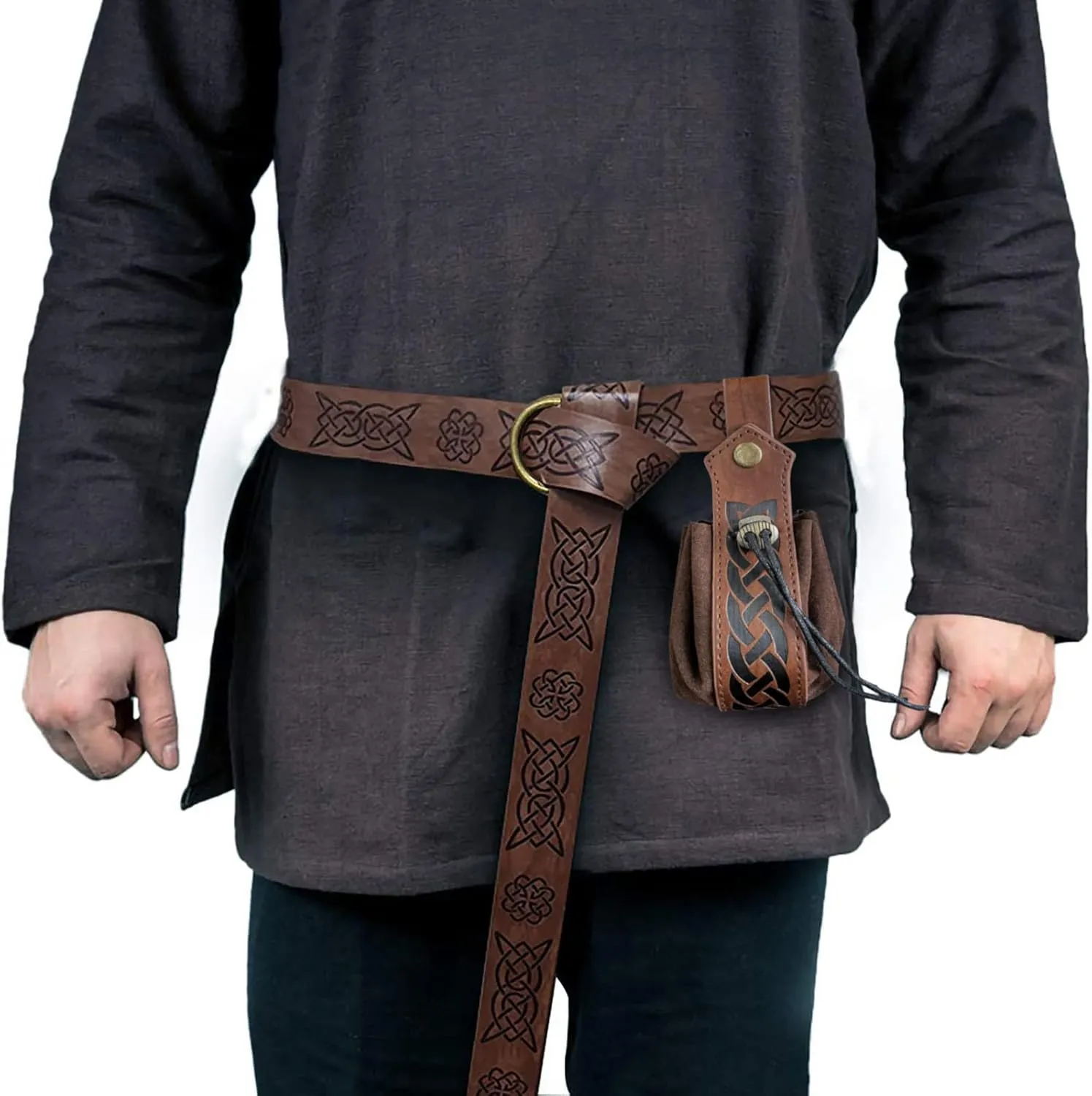 3 Pcs Halloween Renaissance Belt Pouch Coin Purse Phone Holder Skirt Hikes Medieval Viking Pirate Leather Belt Costume Sets (03-Brown)