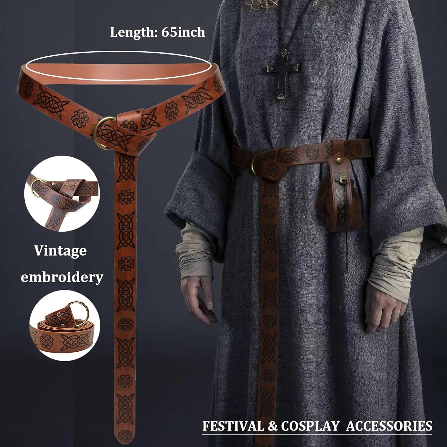 3 Pcs Halloween Renaissance Belt Pouch Coin Purse Phone Holder Skirt Hikes Medieval Viking Pirate Leather Belt Costume Sets (03-Brown)