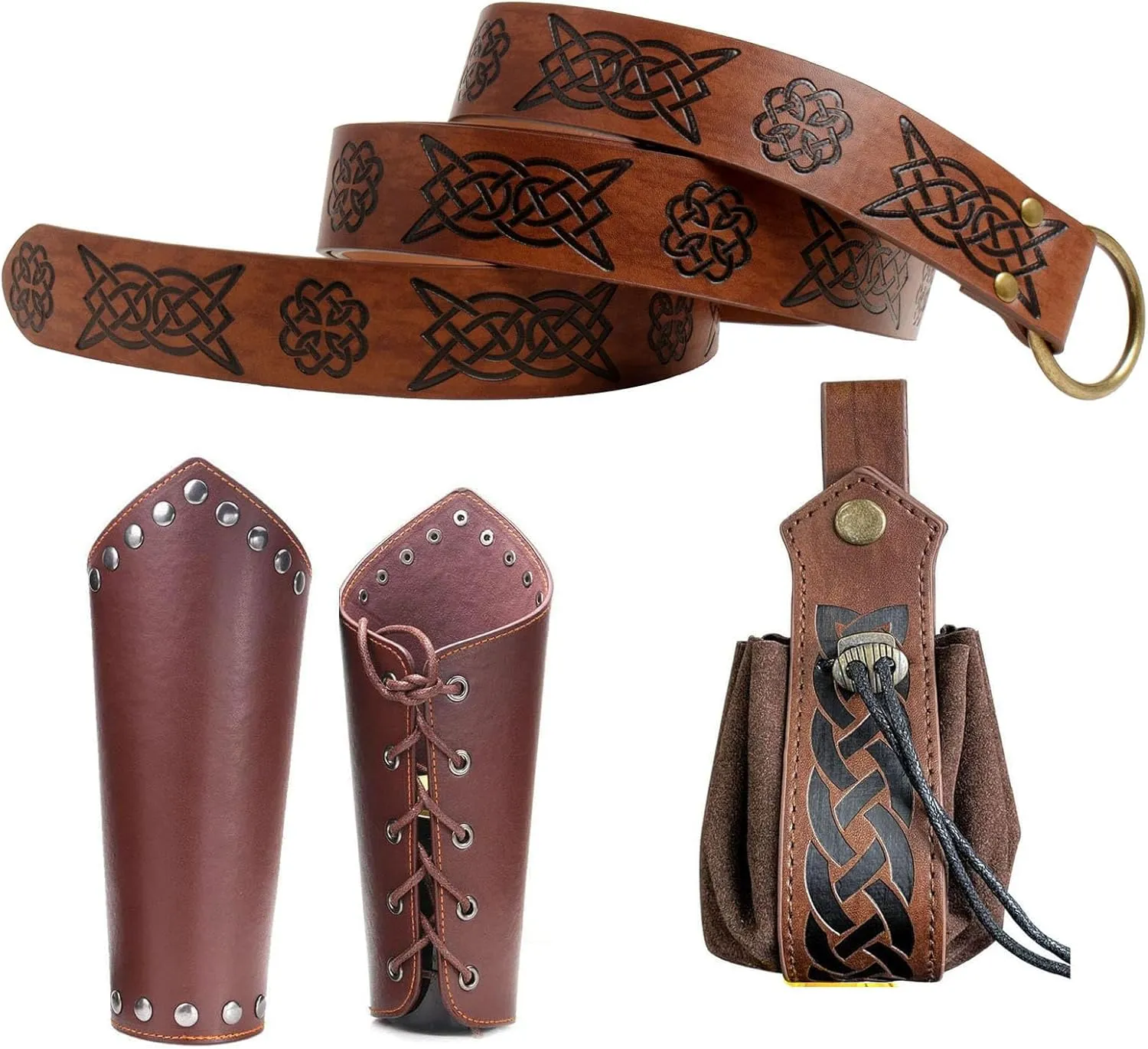 3 Pcs Halloween Renaissance Belt Pouch Coin Purse Phone Holder Skirt Hikes Medieval Viking Pirate Leather Belt Costume Sets (03-Brown)