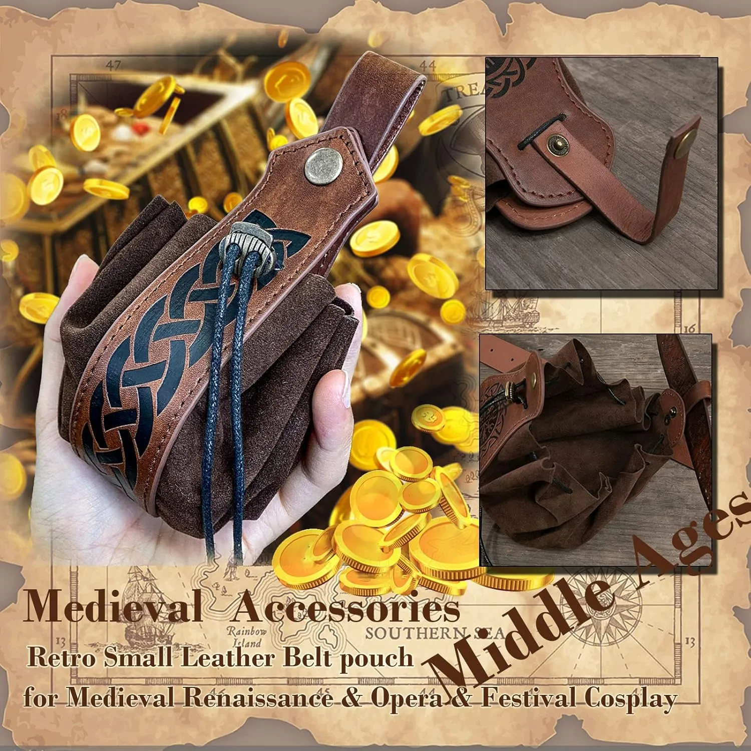 3 Pcs Halloween Renaissance Belt Pouch Coin Purse Phone Holder Skirt Hikes Medieval Viking Pirate Leather Belt Costume Sets (03-Brown)