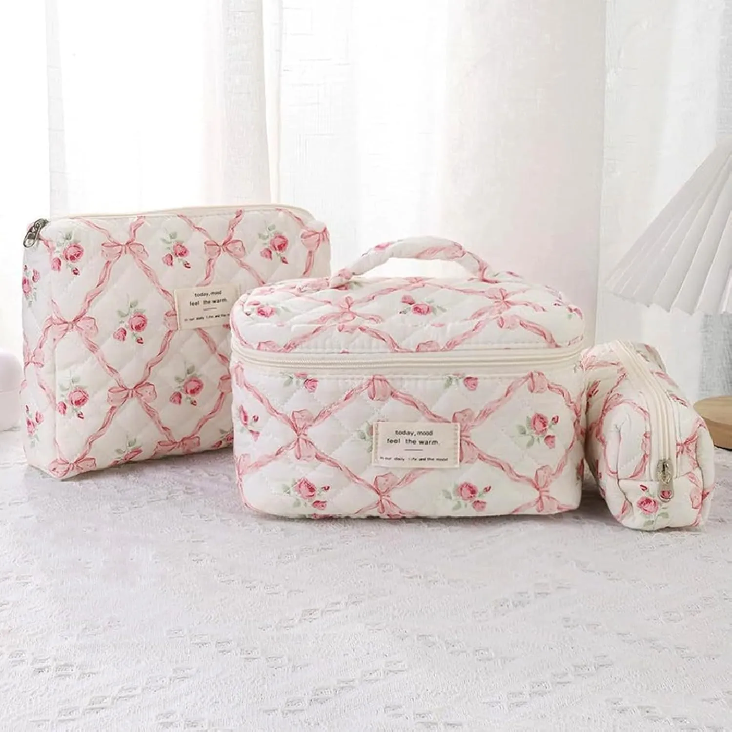 3 Pcs Quilted Makeup Bag Set,Coquette Bow Make up Bag,Cute Floral Makeup Bags Large Toiletry Cosmetic Bag Organizer for Women Girls (H-3PCS)