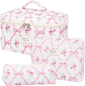 3 Pcs Quilted Makeup Bag Set,Coquette Bow Make up Bag,Cute Floral Makeup Bags Large Toiletry Cosmetic Bag Organizer for Women Girls (H-3PCS)