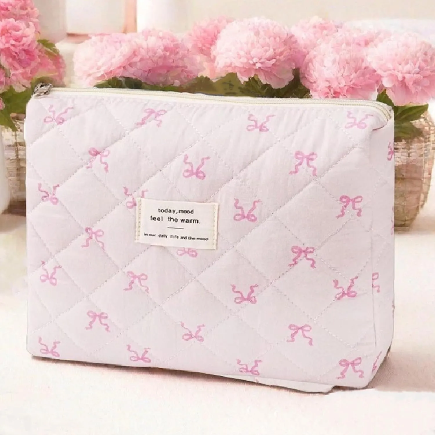3 Pcs Quilted Makeup Bag Set,Coquette Bow Make up Bag,Cute Floral Makeup Bags Large Travel Toiletry Cosmetic Bag Organizer for Women Girls (I-3PCS)