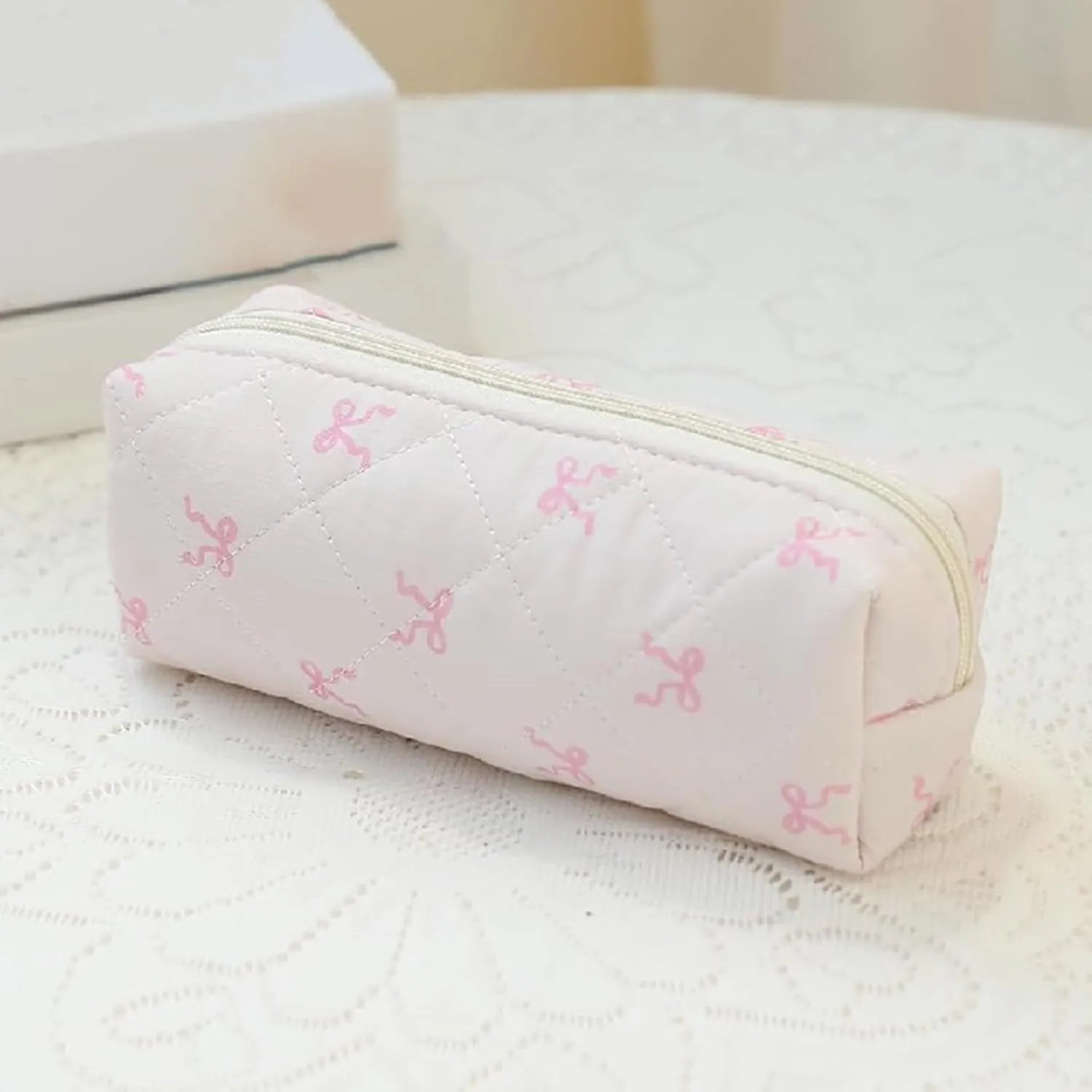 3 Pcs Quilted Makeup Bag Set,Coquette Bow Make up Bag,Cute Floral Makeup Bags Large Travel Toiletry Cosmetic Bag Organizer for Women Girls (I-3PCS)