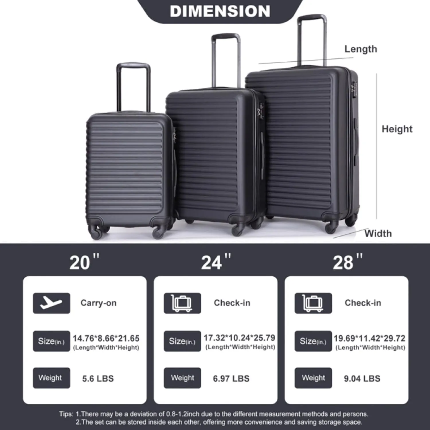 3-Piece ABS Luggage Set (20"/24"/28") - Lightweight Hardshell Suitcases with Lock, 360° Spinner Wheels & 2 Utility Hooks - Carry-On & Checked Luggage (Black   ABS)