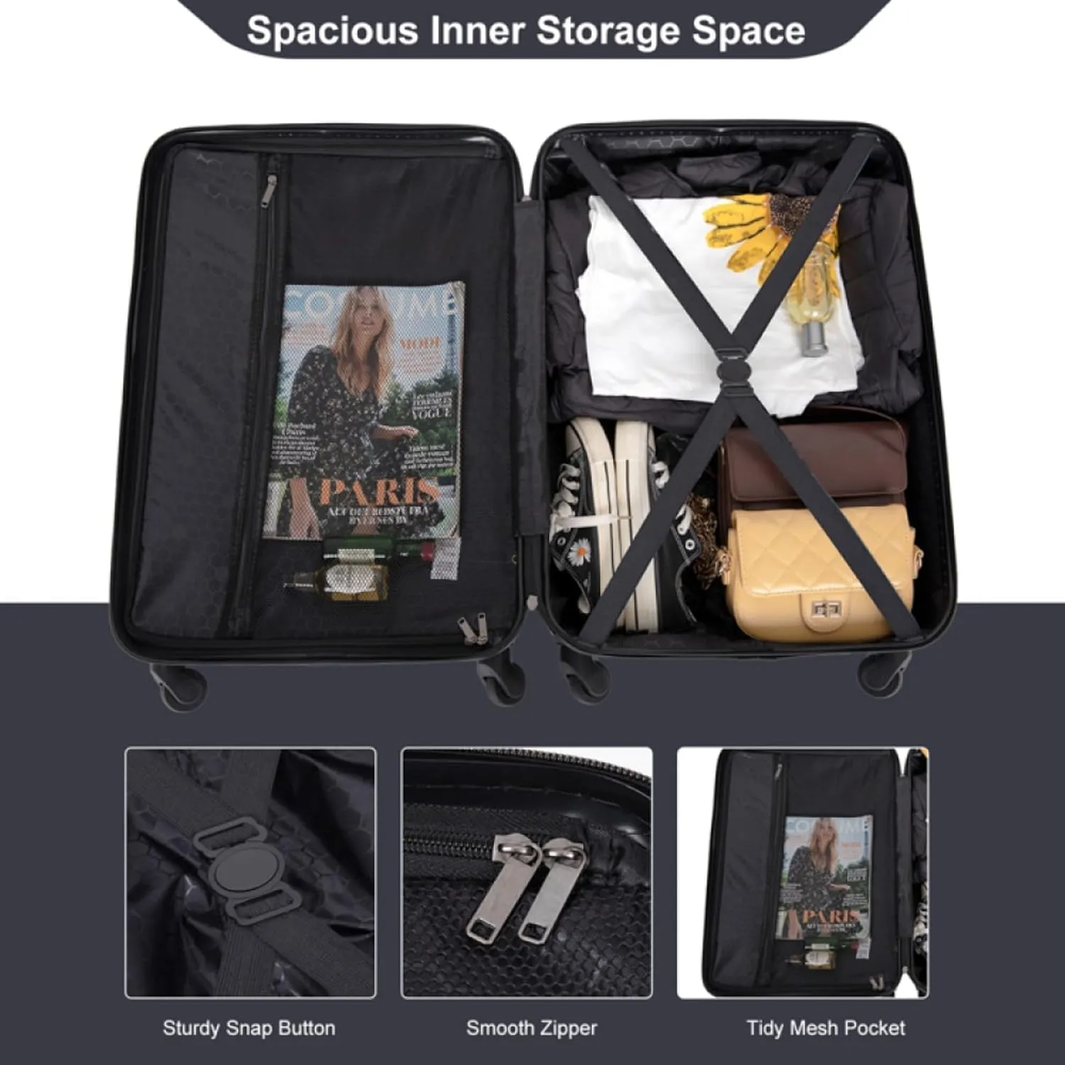 3-Piece ABS Luggage Set (20"/24"/28") - Lightweight Hardshell Suitcases with Lock, 360° Spinner Wheels & 2 Utility Hooks - Carry-On & Checked Luggage (Black   ABS)