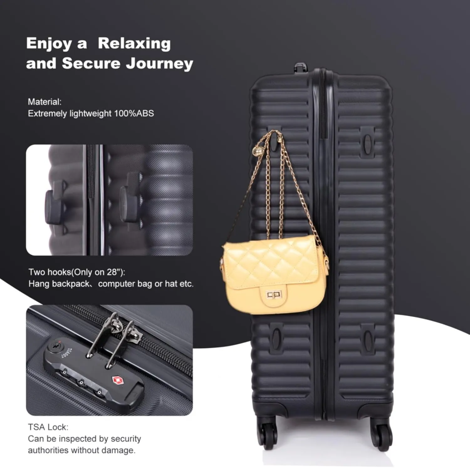 3-Piece ABS Luggage Set (20"/24"/28") - Lightweight Hardshell Suitcases with Lock, 360° Spinner Wheels & 2 Utility Hooks - Carry-On & Checked Luggage (Black   ABS)