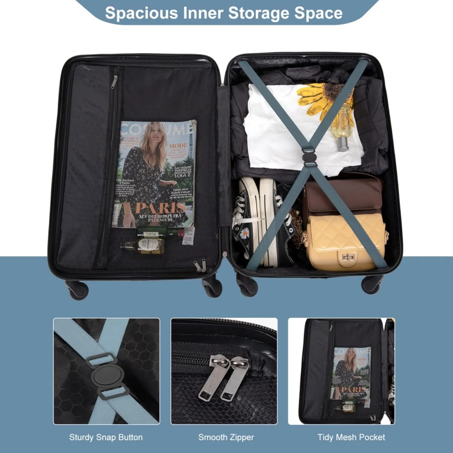 3-Piece ABS Luggage Set (20"/24"/28") - Lightweight Hardshell Suitcases with Lock, 360° Spinner Wheels & 2 Utility Hooks - Carry-On & Checked Luggage (Blue   ABS)