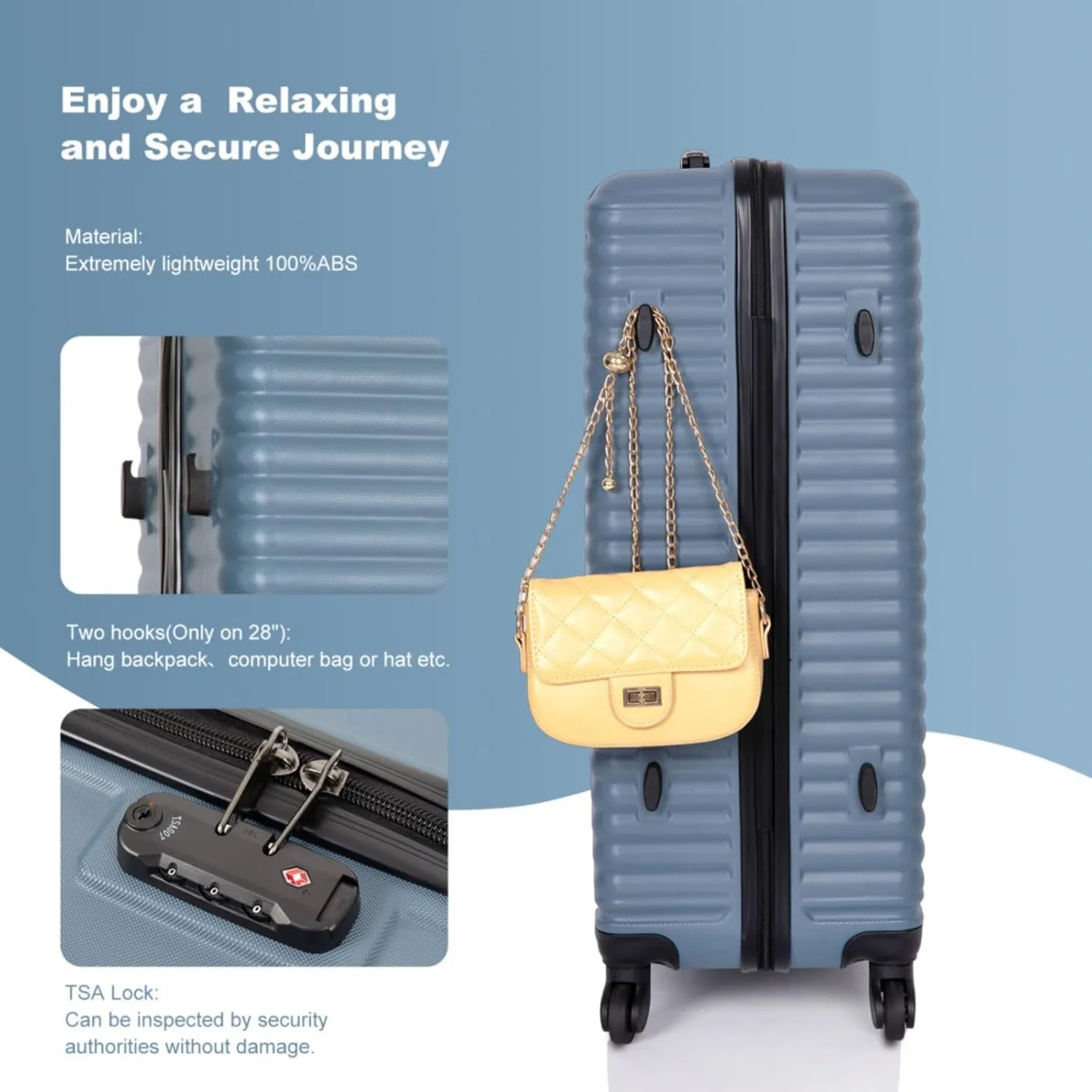 3-Piece ABS Luggage Set (20"/24"/28") - Lightweight Hardshell Suitcases with Lock, 360° Spinner Wheels & 2 Utility Hooks - Carry-On & Checked Luggage (Blue   ABS)